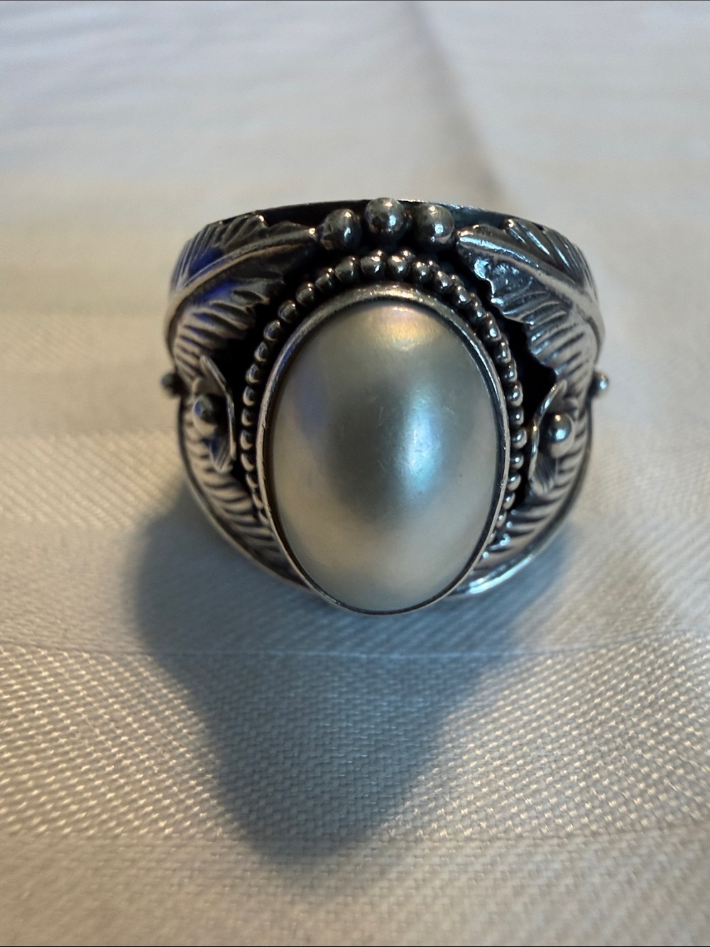 MERAV 925 Sterling Silver, Vintage Pearl Floral Cocktail Ring Sz 7